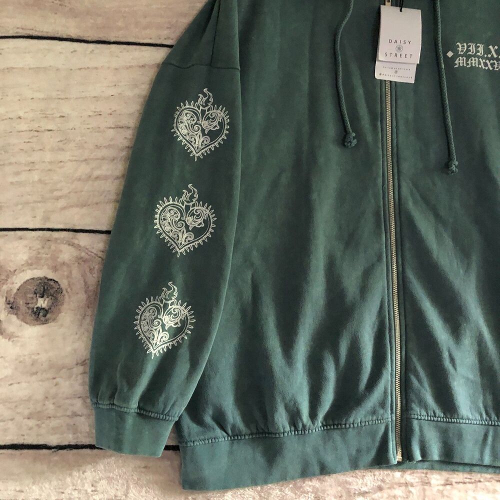 Daisy Street Hoodie XL Green Tie Dye Oversized Y2k Goth Hearts New York Grunge - Picture 4 of 16